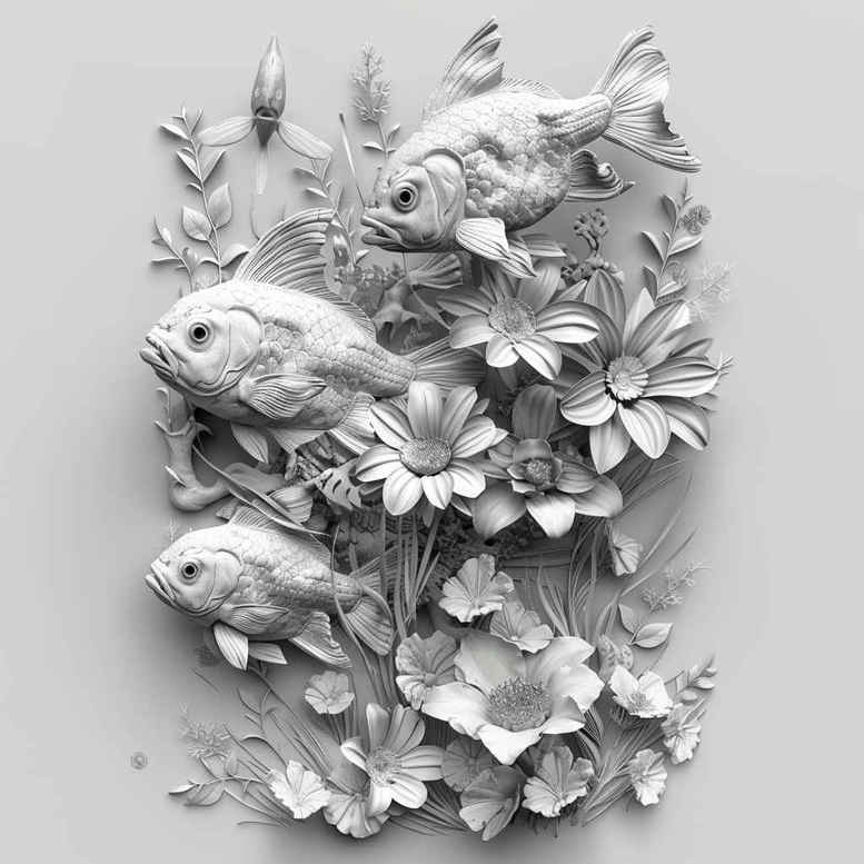 Black and grey tattoo concept featuring koi fish among lotus blossoms and foliage; a project idea for a cover-up.