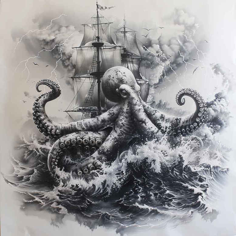 Octopus and sailing ship clash in a dark black-and-grey seascape with stormy waves and ropes; AI-generated tattoo project for cover-up.