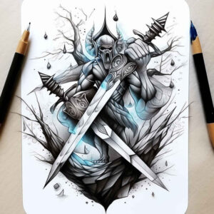 weapons-with-spiritual-protection-motif-for-men-enlightenment-for-upper-chest – tattoo design ideas free ai generated – Gallery: weapons-inkby-ai