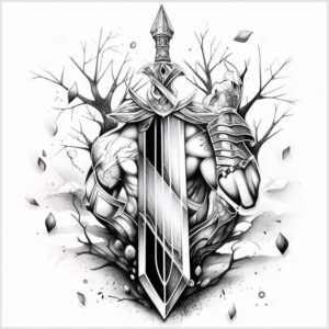 weapons-with-battle-motif-holy-pattern-for-side-torso – tattoo design ideas free ai generated – Gallery: weapons-inkby-ai