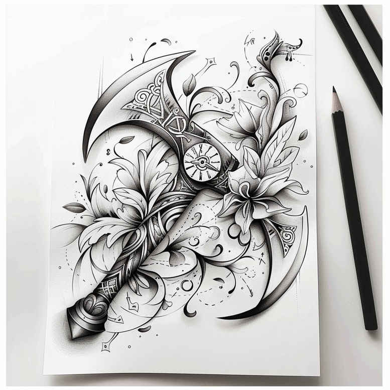weapons tattoo design ideas CGI-rendered combat gear for back of neck