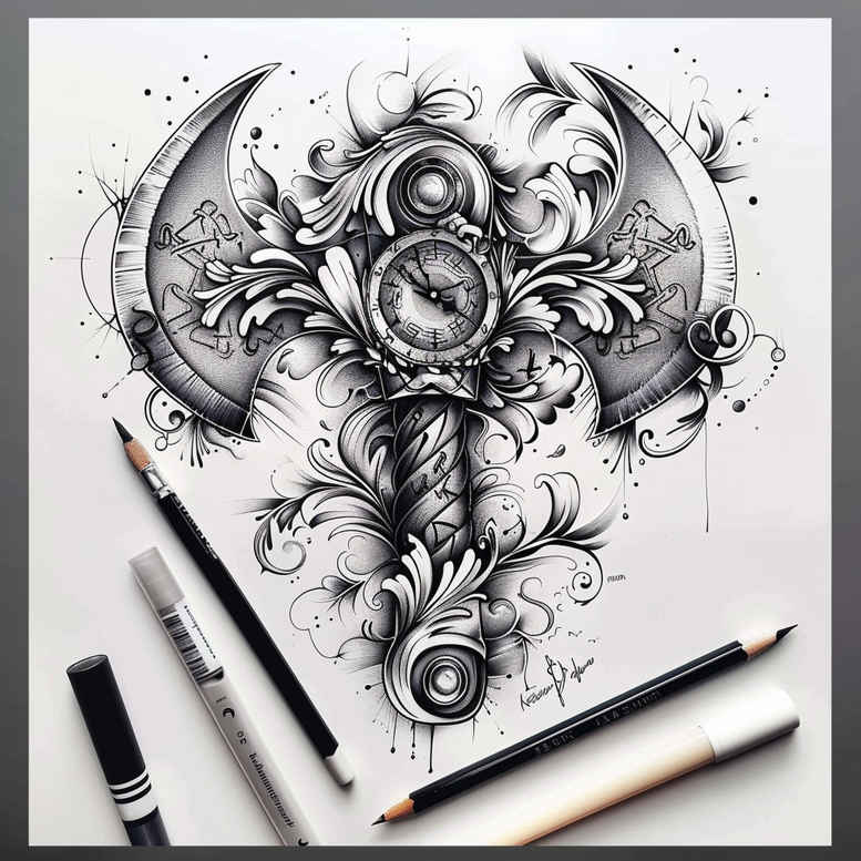 weapons tattoo design ideas Surrealism imperfect symmetry dangerous form for lower arm
