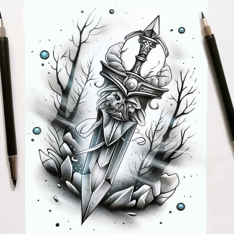 weapons tattoo design ideas Surrealism imaginative forged symbol for shoulder