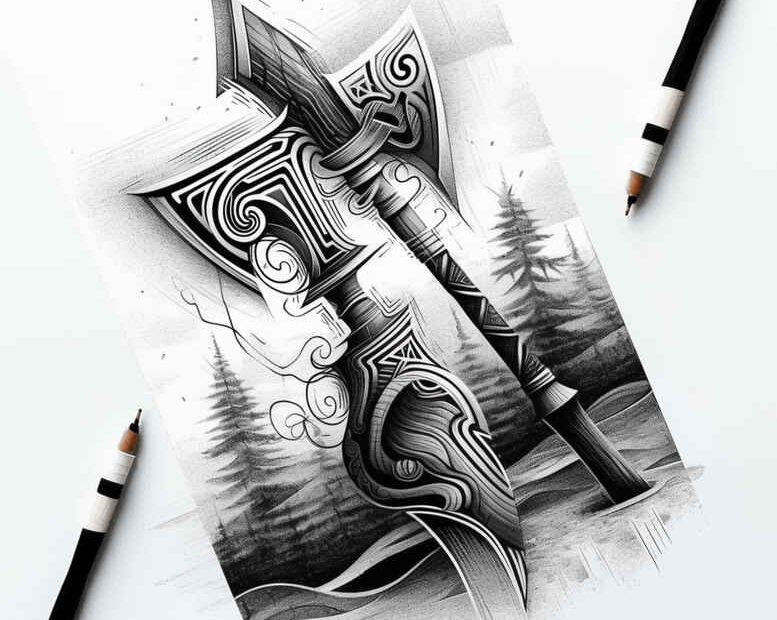 Ornamental dagger tattoo in black and grey with crossed blades and pens; project idea, not ideal for cover-up.