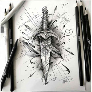 weapons-with-warrior-motif-circle-segments-for-lower-leg – tattoo design ideas free ai generated – Gallery: weapons-inkby-ai