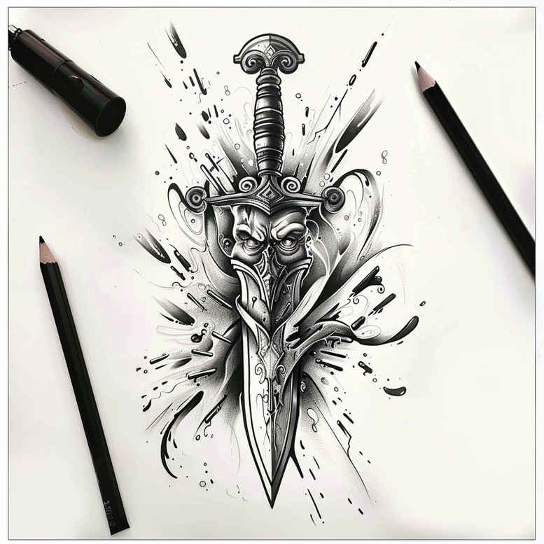 weapons-with-battle-motif-vibration-for-hip – tattoo design ideas free ai generated – Gallery: weapons-inkby-ai