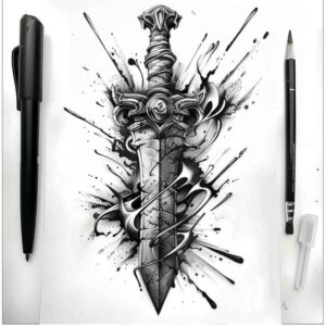 weapons-with-courage-motif-ornate-circle-for-neck – tattoo design ideas free ai generated – Gallery: weapons-inkby-ai