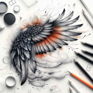 angelic-motif-wings-tattoo – tattoo design ideas free ai generated – neotraditional-refined-lines – for-lower-thigh – Gallery: wings-inkby-ai