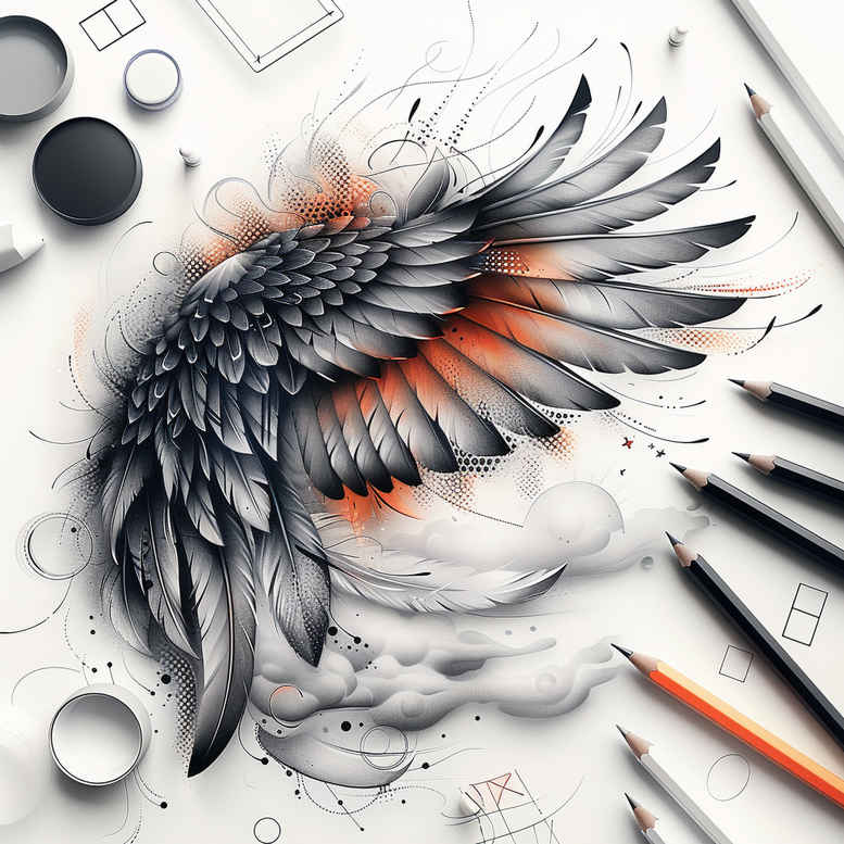 angelic-motif-wings-tattoo – tattoo design ideas free ai generated – neotraditional-refined-lines – for-lower-thigh – Gallery: wings-inkby-ai