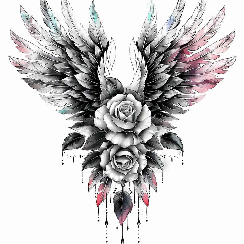delicate-wings-tattoo – tattoo design ideas free ai generated – neotraditional-accent-shading – for-sternum – Gallery: wings-inkby-ai