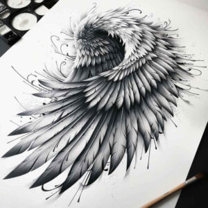 energy-wings-tattoo – tattoo design ideas free ai generated – surrealism-ghostly-shapes – for-lower-chest – Gallery: wings-inkby-ai