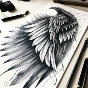 expressive-wings-tattoo – tattoo design ideas free ai generated – surrealism-esoteric – for-upper-thigh – Gallery: wings-inkby-ai