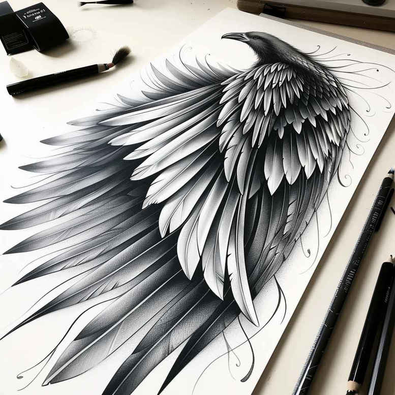 expressive-wings-tattoo – tattoo design ideas free ai generated – surrealism-esoteric – for-upper-thigh – Gallery: wings-inkby-ai