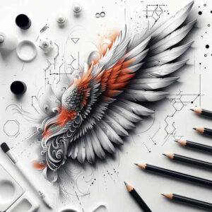 feather-wings-tattoo – tattoo design ideas free ai generated – neotraditional-clean-contrast – for-thigh – Gallery: wings-inkby-ai