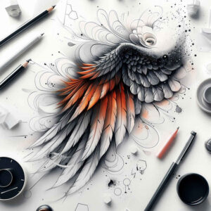 love-motif-wings-tattoo – tattoo design ideas free ai generated – neotraditional-layered-fill – for-lower-thigh – Gallery: wings-inkby-ai