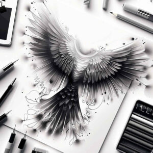 transcendence-motif-wings-tattoo – tattoo design ideas free ai generated – realism-reflective-light – for-thigh – Gallery: wings-inkby-ai