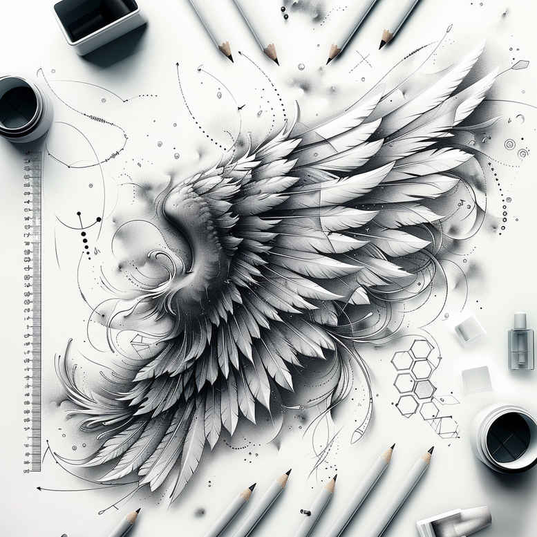 transcendence-motif-wings-tattoo – tattoo design ideas free ai generated – surrealism-psychedelic – for-inner-arm – Gallery: wings-inkby-ai