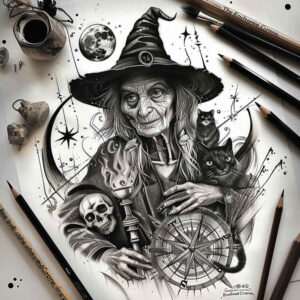 3d-witch-tattoo – tattoo design ideas free ai generated – night-terror – for-abdomen – Gallery: witches-inkby-ai