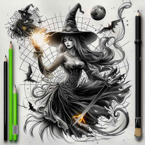 alchemy-motif-tattoo – tattoo design ideas free ai generated – black-fog – for-shin – Gallery: witches-inkby-ai