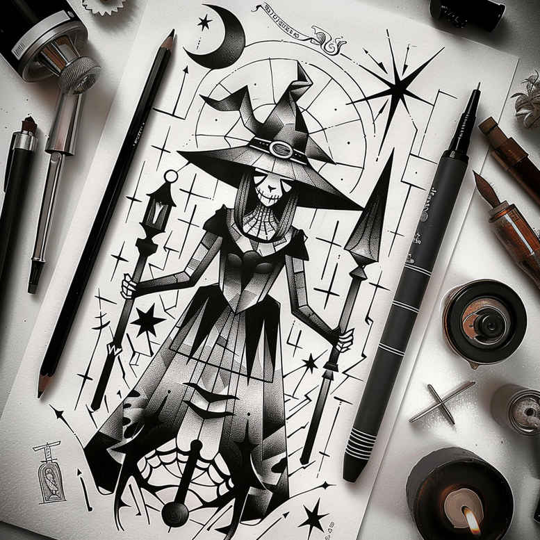 alchemy-motif-tattoo – tattoo design ideas free ai generated – chilling – for-calf – Gallery: witches-inkby-ai