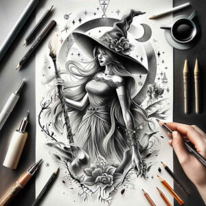 ancient-knowledge-tattoo – tattoo design ideas free ai generated – shadowy – for-sternum – Gallery: witches-inkby-ai
