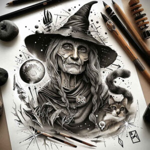 darkness-motif-tattoo – tattoo design ideas free ai generated – whisper – for-calf – Gallery: witches-inkby-ai