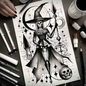 fire-motif-tattoo – tattoo design ideas free ai generated – grotesque – for-calf – Gallery: witches-inkby-ai