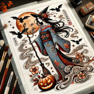 motion-witch-tattoo – tattoo design ideas free ai generated – black-fog – for-shoulder-blade – Gallery: witches-inkby-ai