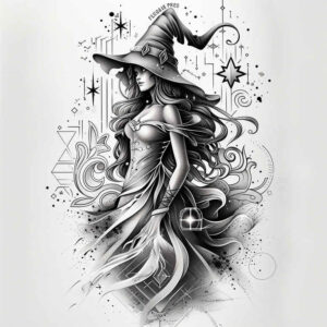 motion-witch-tattoo – tattoo design ideas free ai generated – spectral – for-lower-chest – Gallery: witches-inkby-ai
