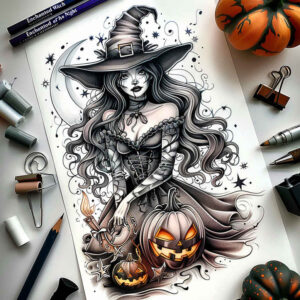 motion-witch-tattoo – tattoo design ideas free ai generated – unholy – for-upper-back – Gallery: witches-inkby-ai