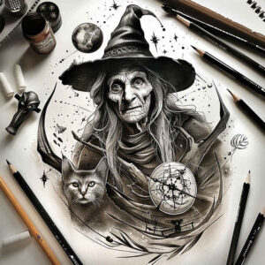 mystery-and-magic-tattoo – tattoo design ideas free ai generated – blackwork – for-arm – Gallery: witches-inkby-ai
