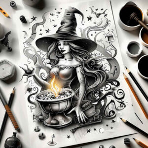 nature-motif-tattoo – tattoo design ideas free ai generated – foggy – for-knee – Gallery: witches-inkby-ai