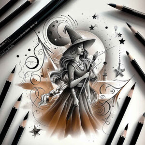 ornamental-detail-tattoo – tattoo design ideas free ai generated – ancient-curse – for-lower-thigh – Gallery: witches-inkby-ai