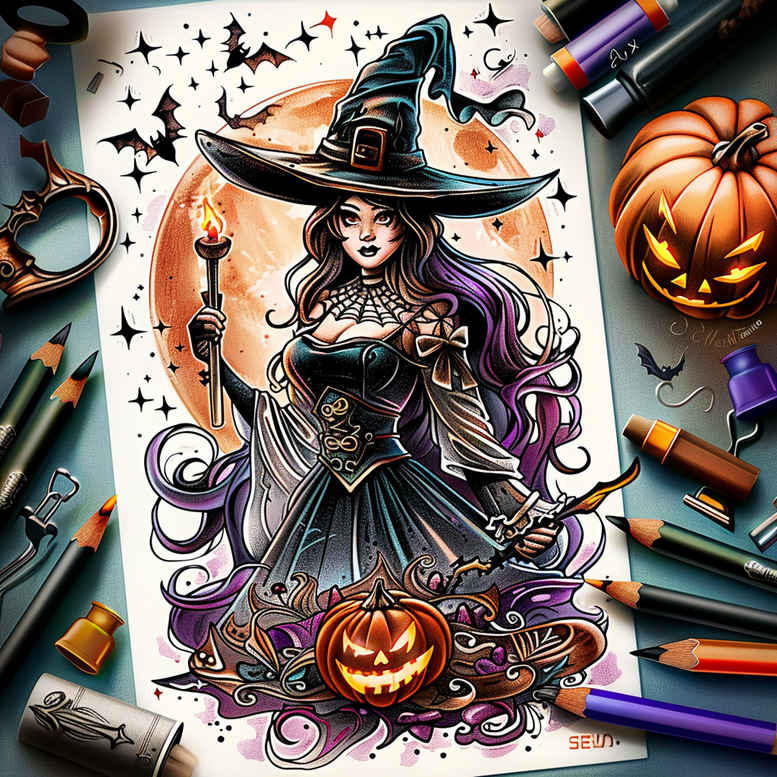 strength-motif-tattoo – tattoo design ideas free ai generated – grotesque – for-collarbone – Gallery: witches-inkby-ai