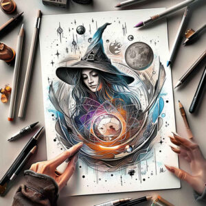 witches tattoo design ideas line-art ancient spell for lower chest