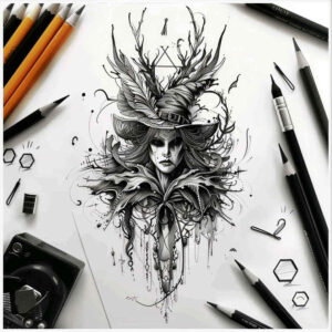witches tattoo design ideas Realism color precision black flame for temple