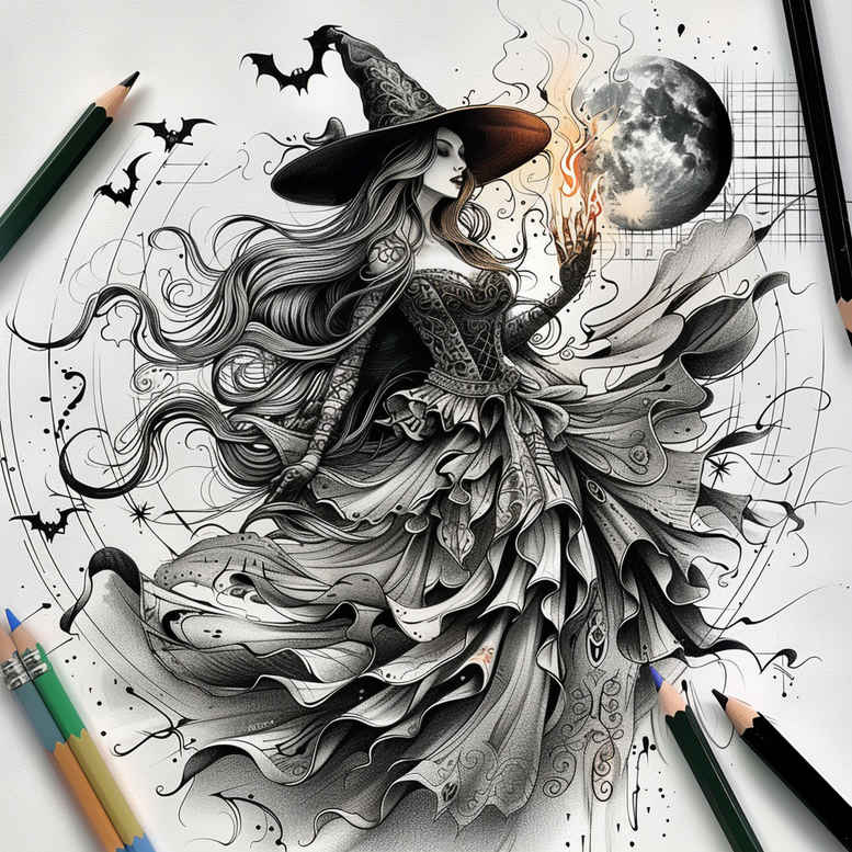 witches tattoo design ideas Surrealism enigmatic visuals black flame meaning endurance