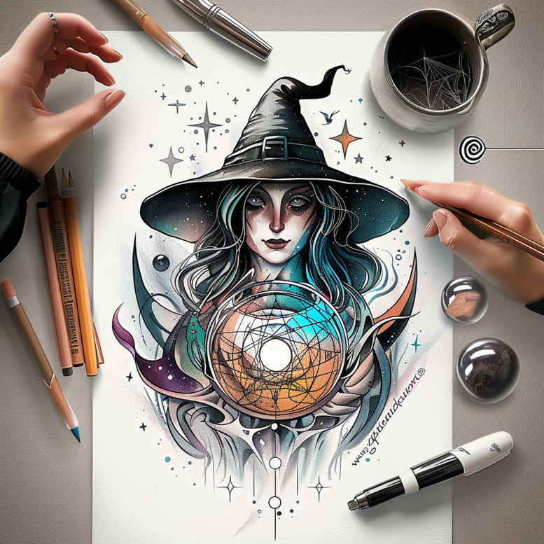 witches tattoo design ideas Surrealism unconscious imagery broom spirit embodying courage