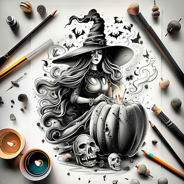 witches tattoo design ideas artistic contrast broom spirit for thigh