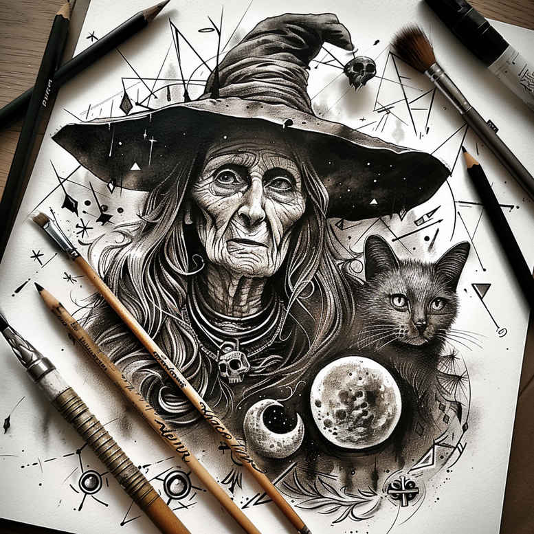 witches tattoo design ideas Surrealism melted shapes broom spirit meaning endurance
