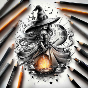 witches tattoo design ideas Surrealism fantastical elements cursed ink for collarbone