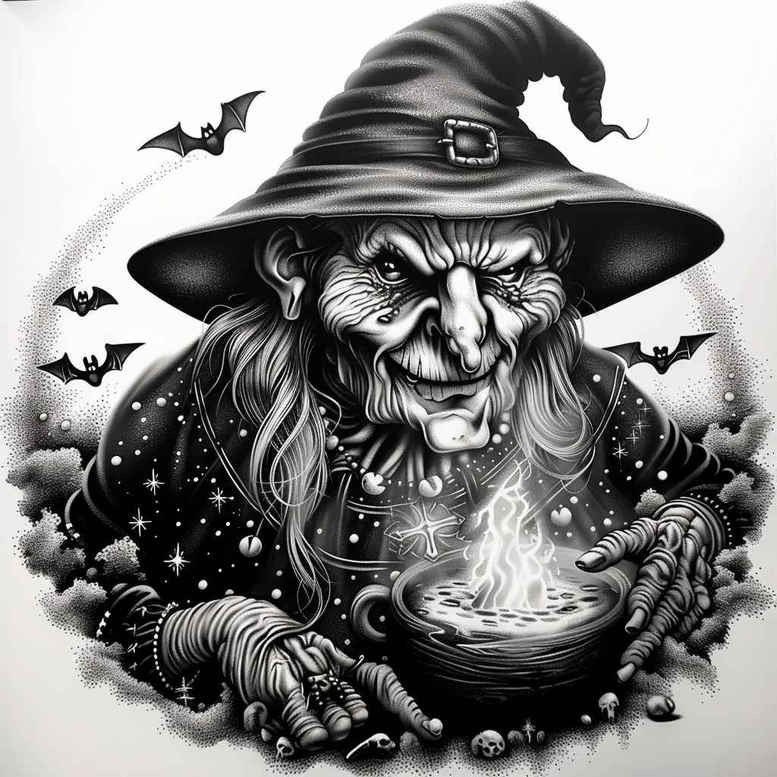witches tattoo design ideas accent shading dark mysticism for abdomen