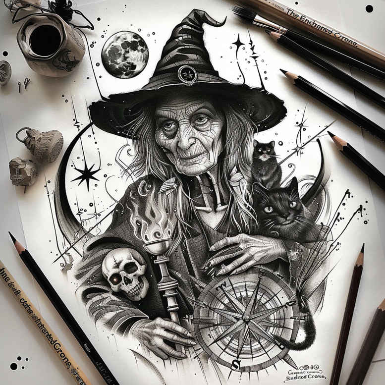 witches tattoo design ideas Surrealism metamorphosis enchanted power for elbow