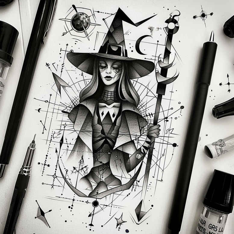 witches tattoo design ideas Surrealism translucent layers hex symbol for lower arm