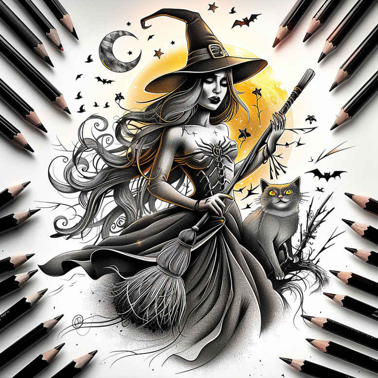 witches tattoo design ideas Realism realistic proportions hidden craft for lower leg