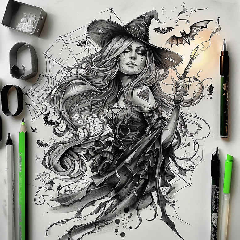 witches tattoo design ideas Realism textured skin magic fire for upper chest