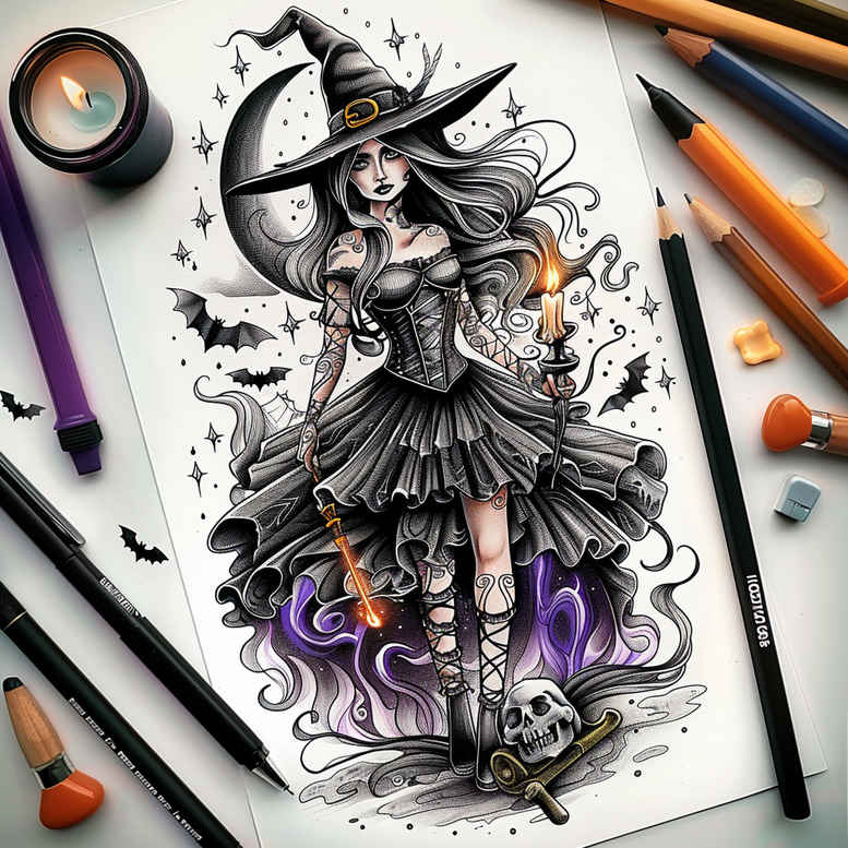 witches tattoo design ideas Surrealism abstract magic sigil for lower thigh