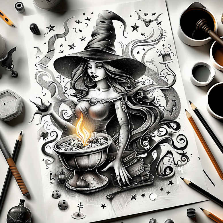 witches tattoo design ideas Surrealism abstract forms mystic ritual embodying strength