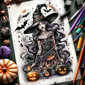 witches tattoo design ideas Realism reflection effect mystic ritual for shin
