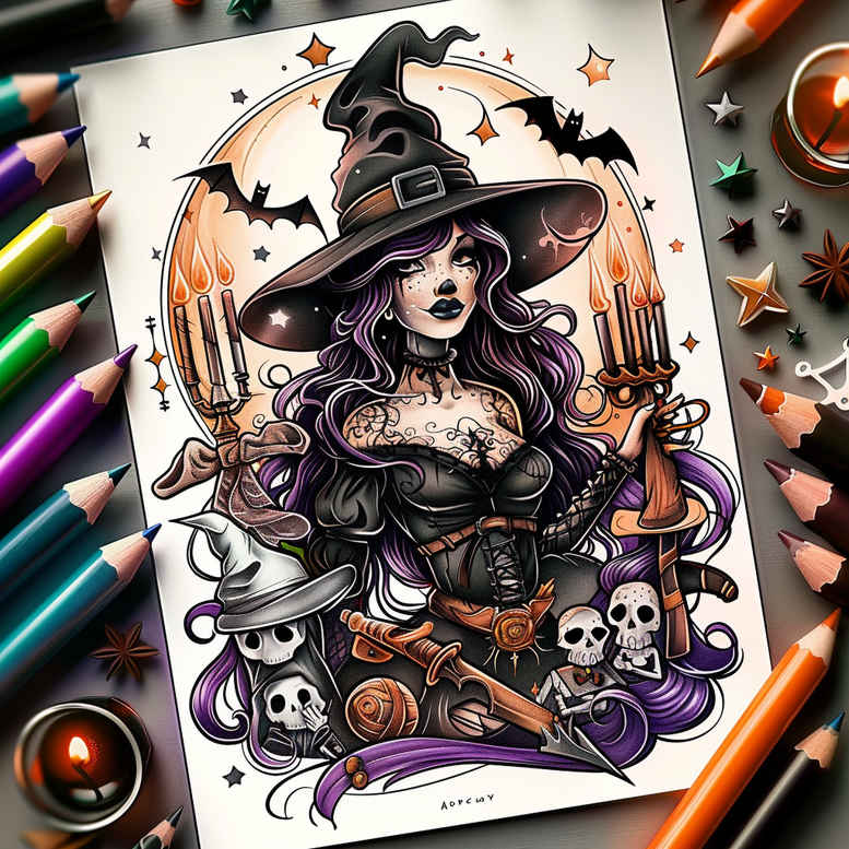 witches tattoo design ideas mirrored effect night enchantress for abdomen